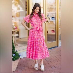J. Marie Cassidy Pink Floral Tiered Midi Dress XS Vacation Spring
